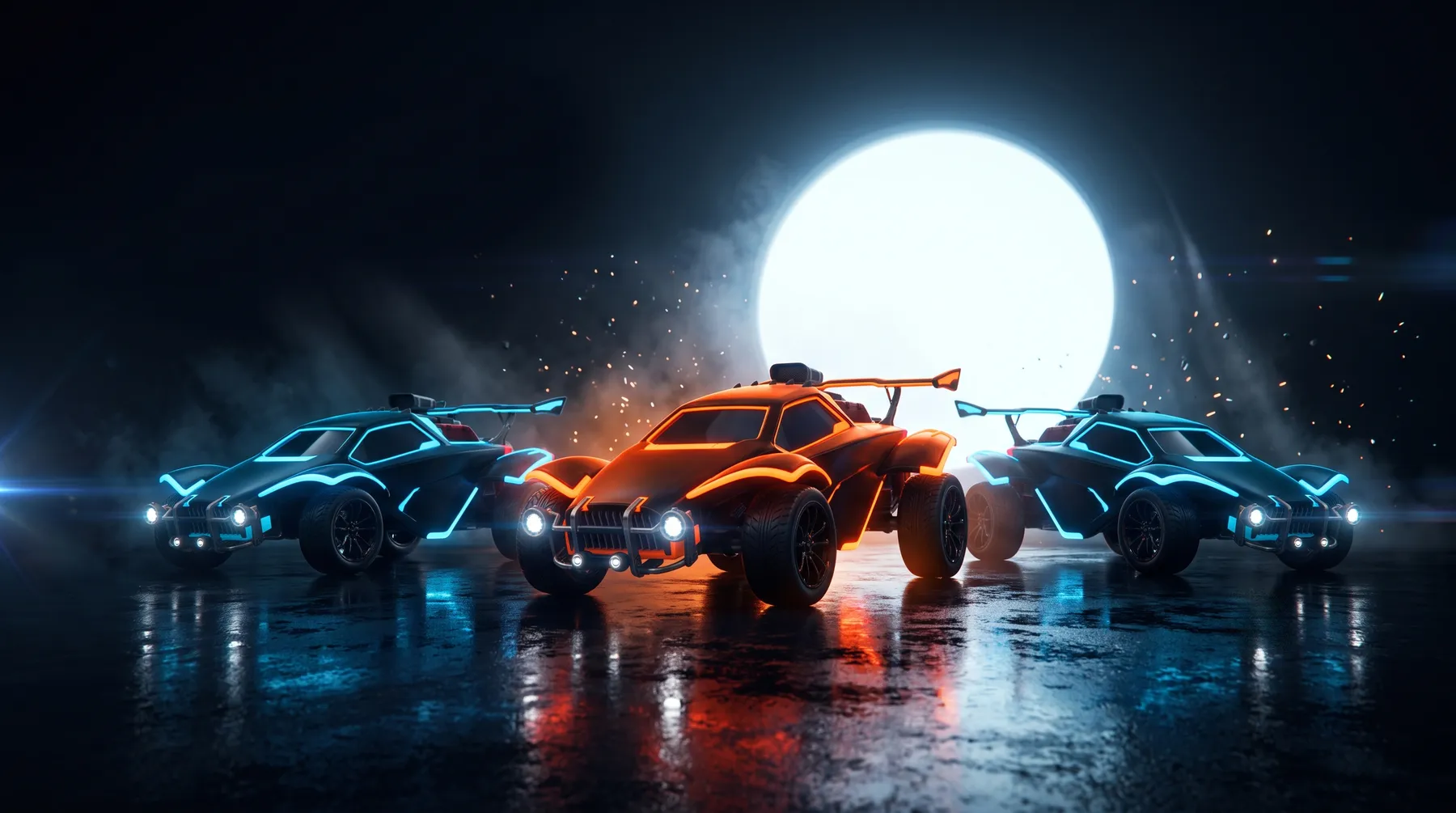 Three rocket-boosted cars posed in a hero lineup on a dark reflective arena floor under a circular light bloom