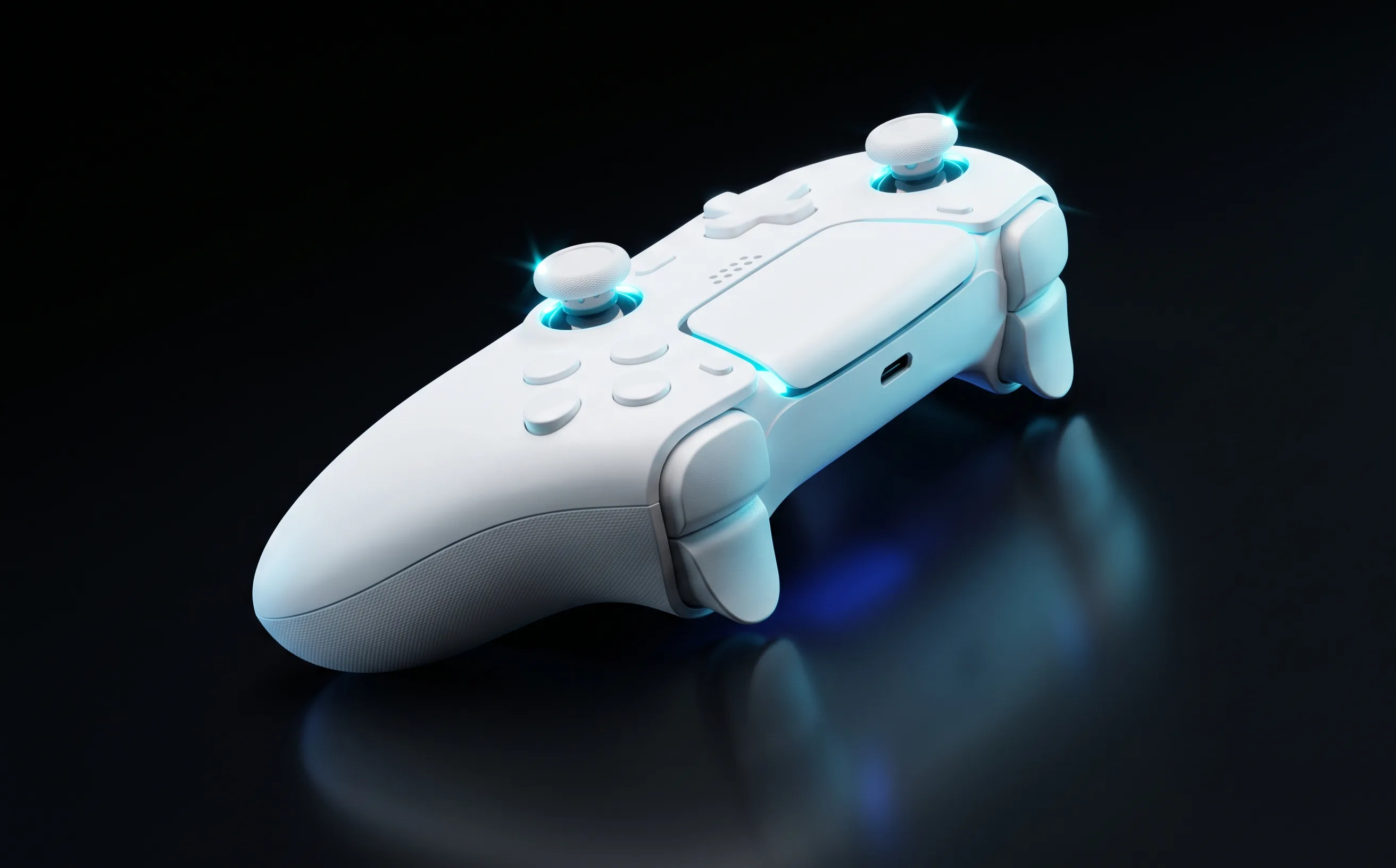 GameSir G7 Pro controller in white, dynamic diagonal composition with cyan rim lighting