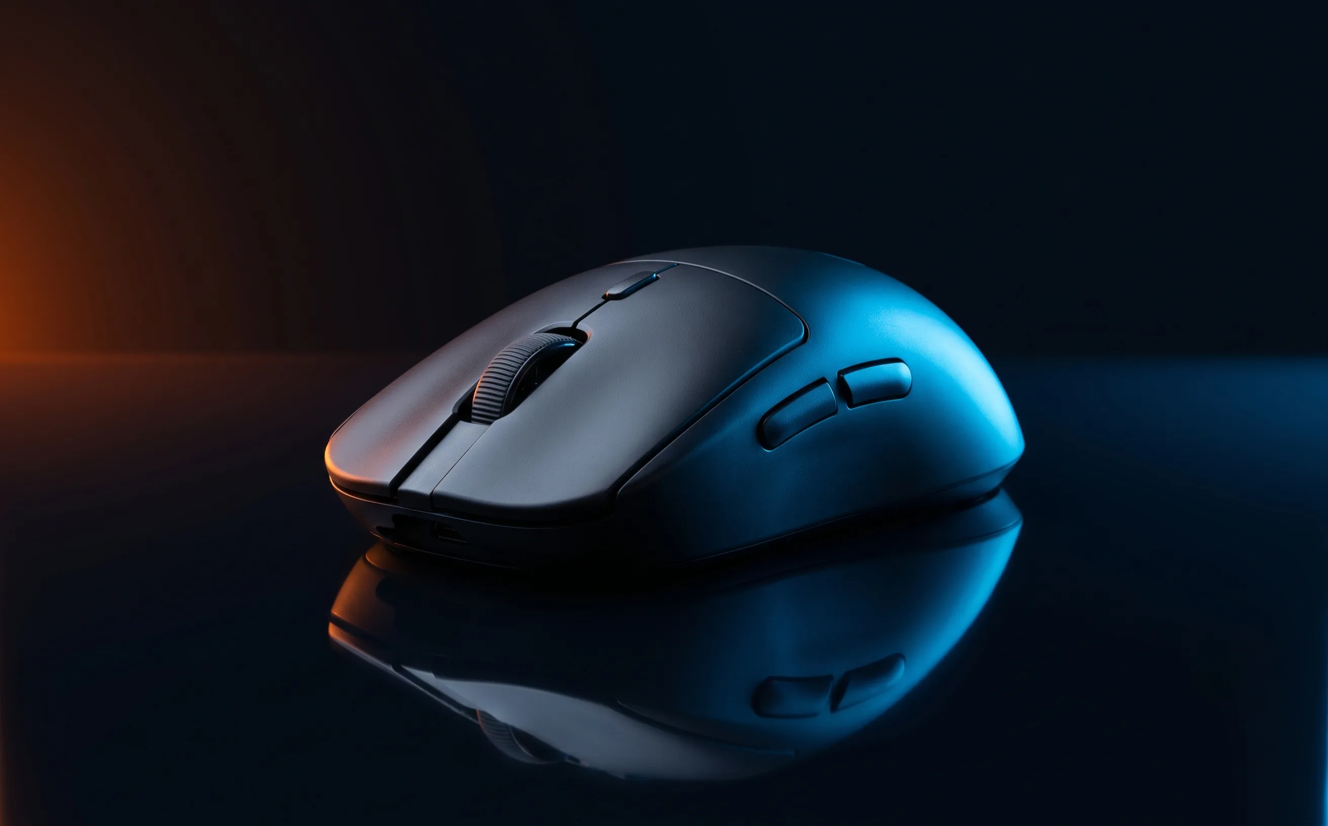 Logitech PRO X Superlight 2 gaming mouse on a dark reflective surface with blue accent lighting