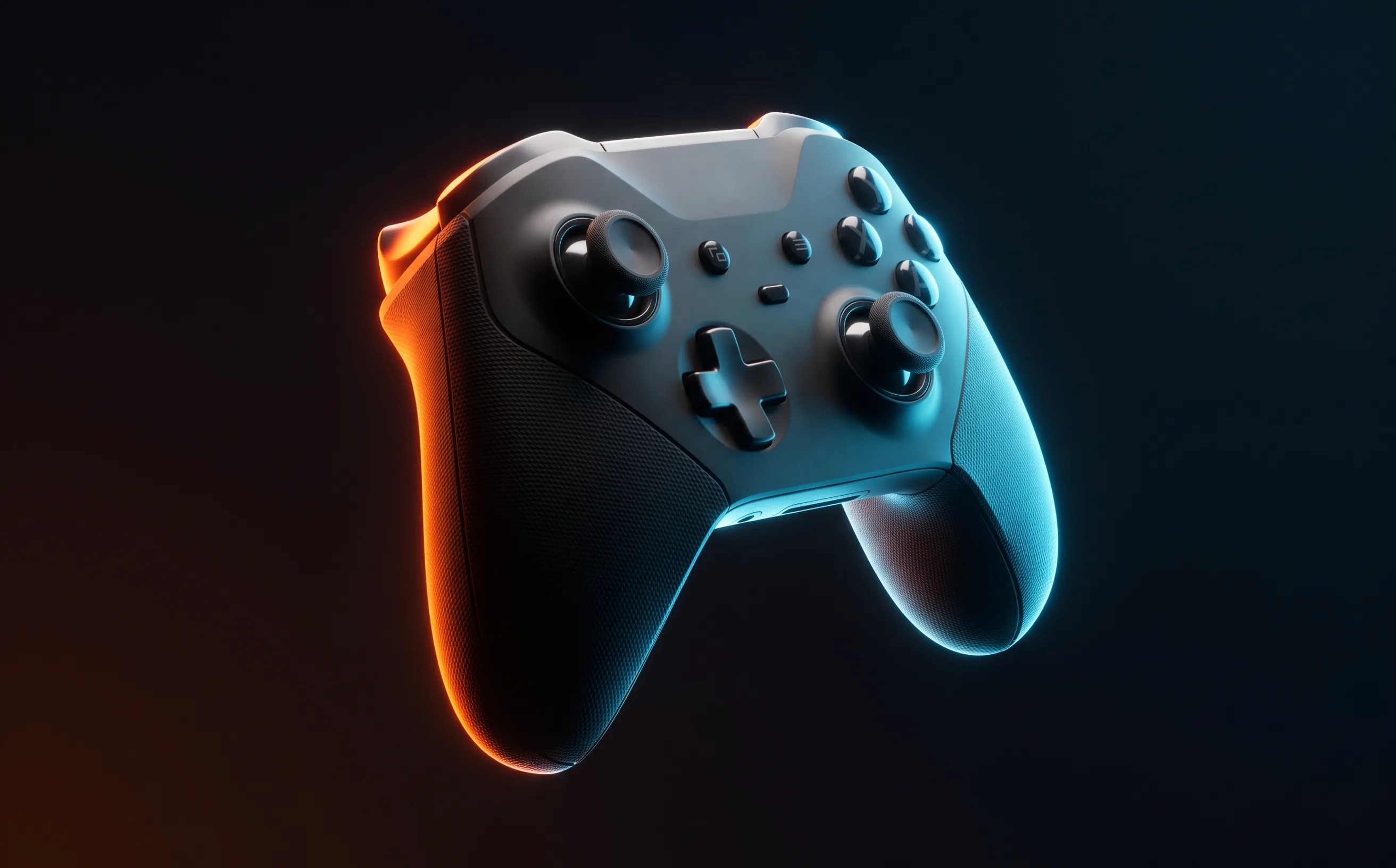 SCUF Instinct Pro controller in dark colorway, dramatic studio lighting with orange and blue gradient background