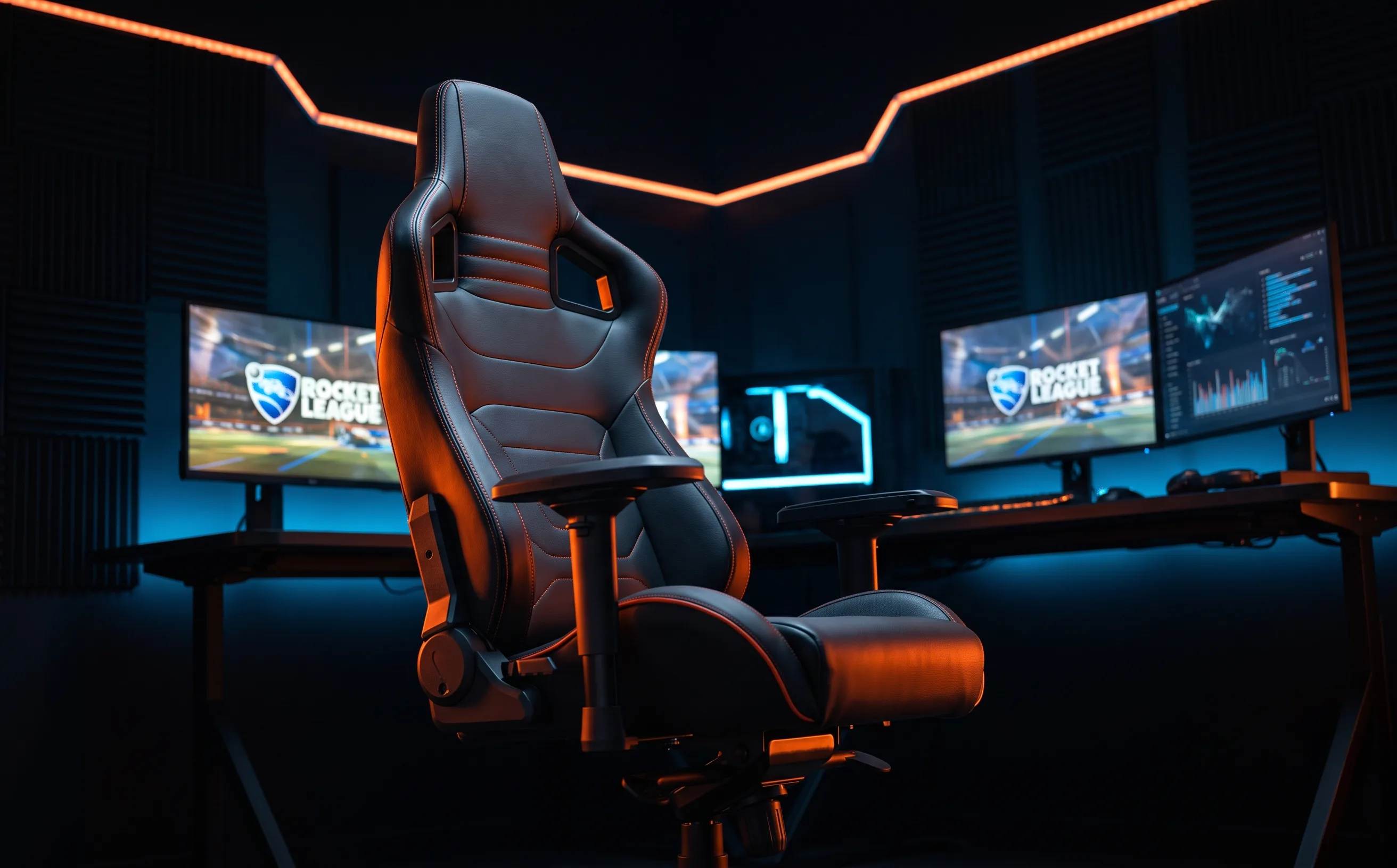 Secretlab Titan Evo gaming chair in black leatherette, dramatic side lighting in a dark gaming room setup