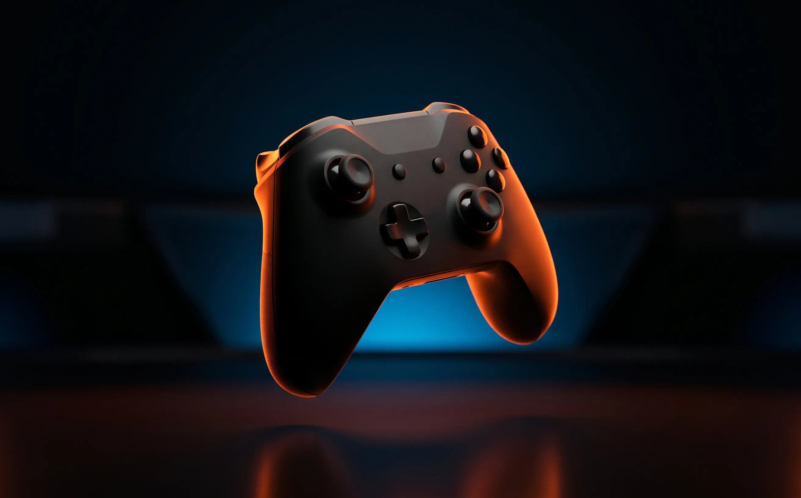 Xbox Elite Wireless Controller Series 2 in black, dramatically lit with orange rim light against a dark background