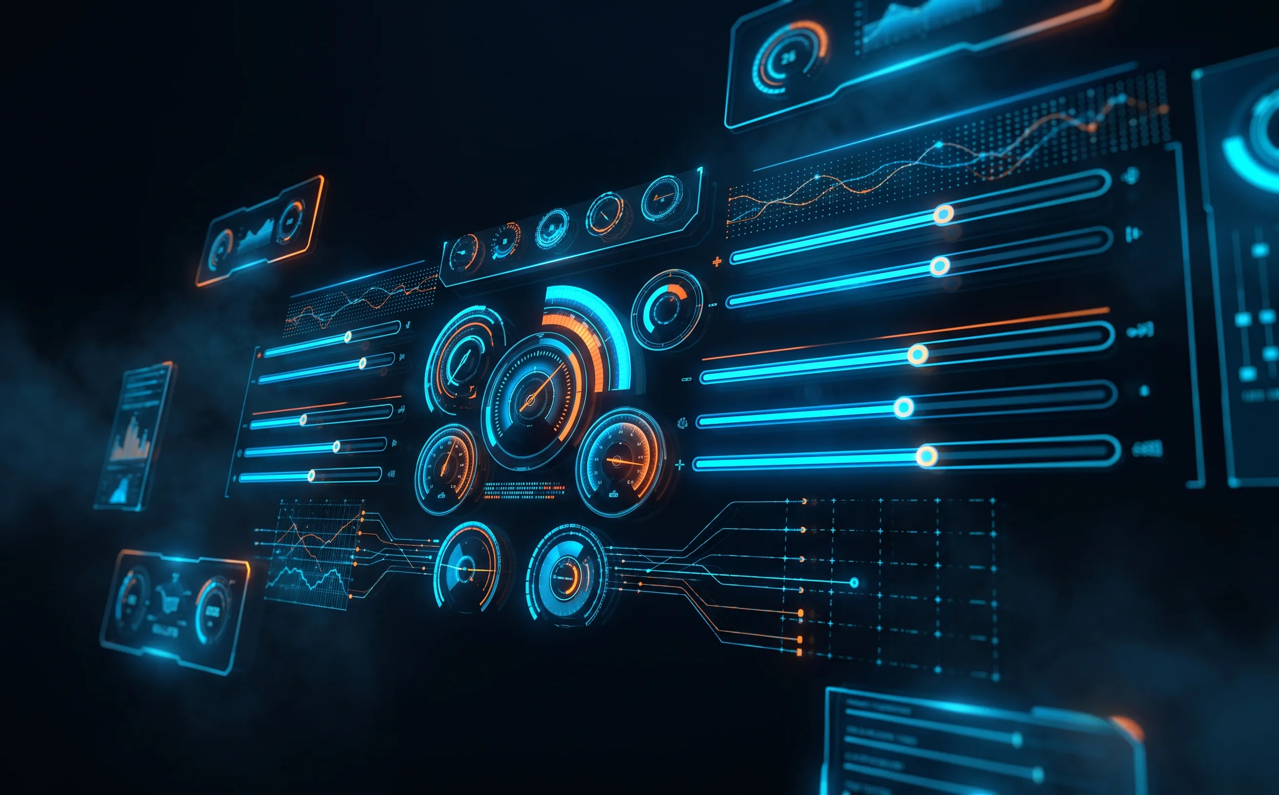 Split-screen HUD overlay showing Rocket League camera settings sliders glowing orange and blue