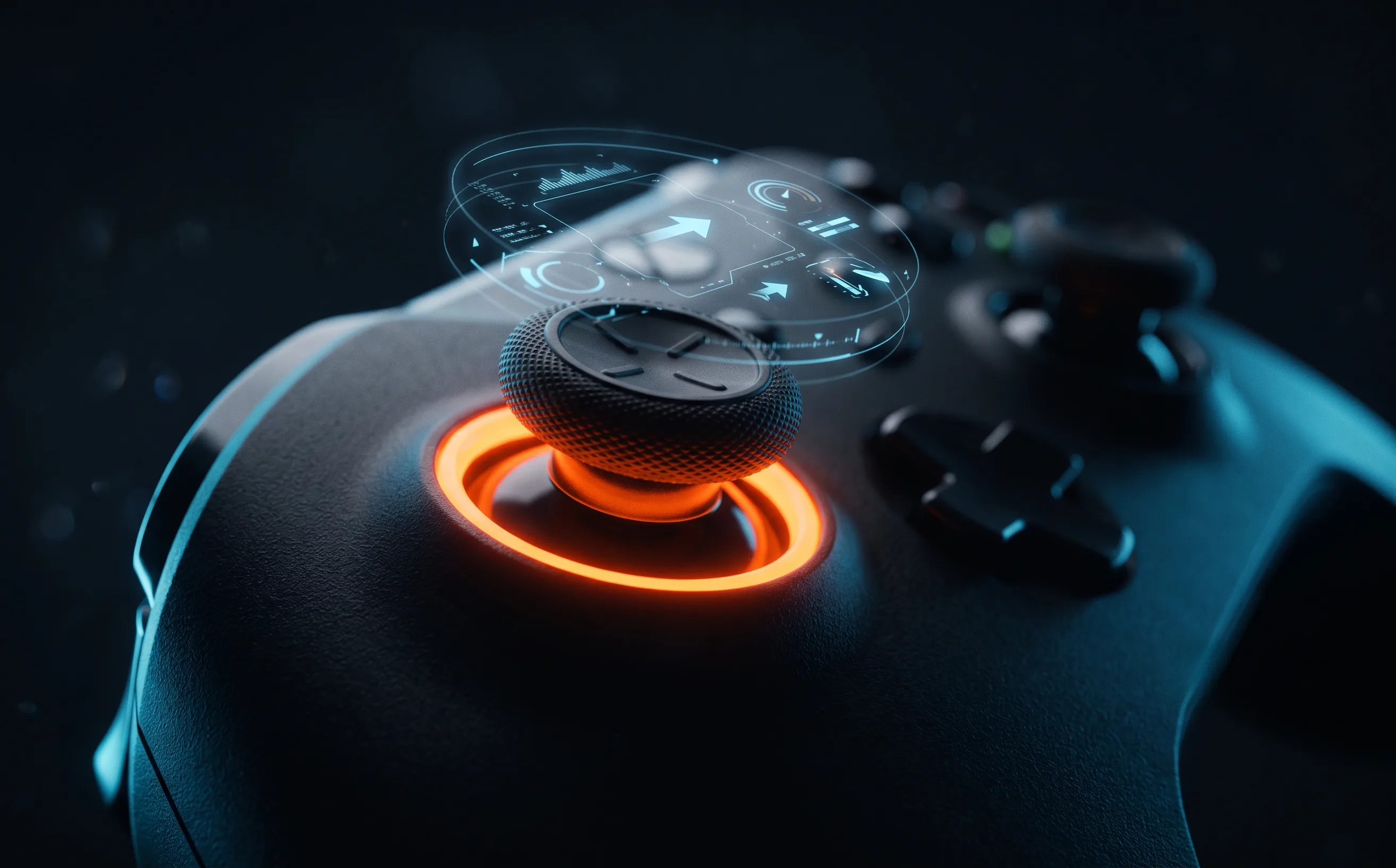 Close-up of a gaming controller thumbstick glowing orange with a settings HUD overlay