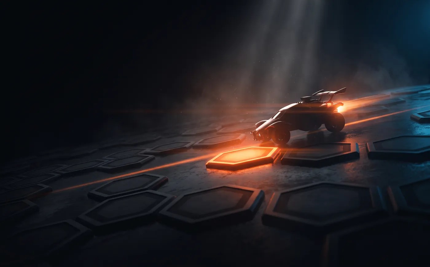 A dark arena floor of hexagonal boost pads, mostly drained and grey, one still glowing hot orange as a car streaks past