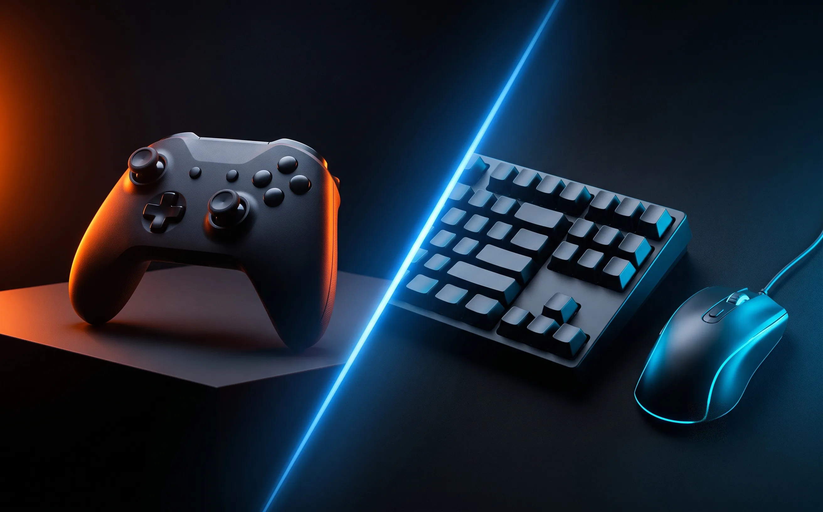Split image: a gaming controller and a keyboard-and-mouse setup facing off under stadium lighting, orange vs blue rim light