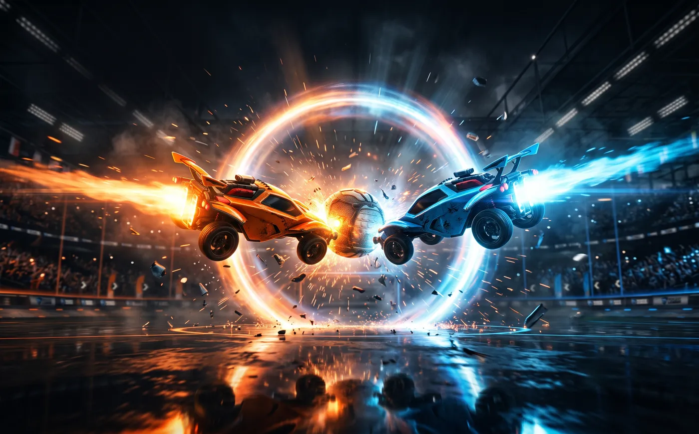 Two rocket-boosted cars colliding head-on into the same ball at full speed, a shockwave ring of light bursting from the impact