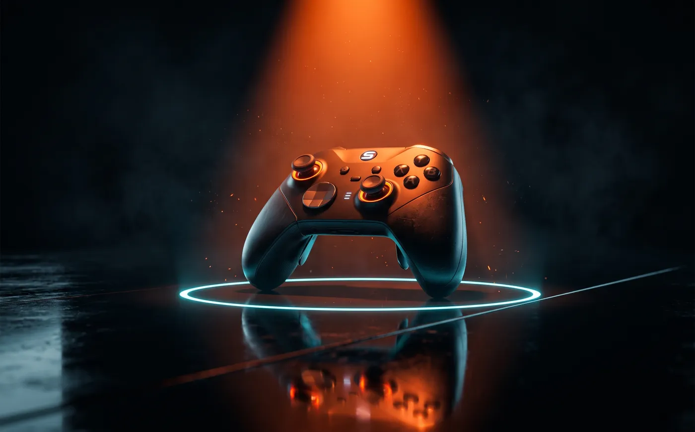 A game controller on a glossy black surface under a hard orange spotlight with a faint cyan ring of light around it