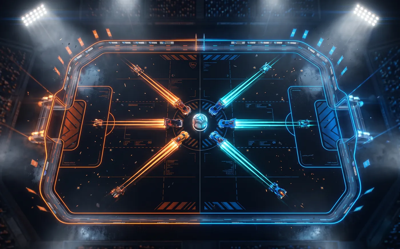 Top-down tactical view of a stadium kickoff, five glowing vehicle light trails fanning out from spawn positions toward the centre ball