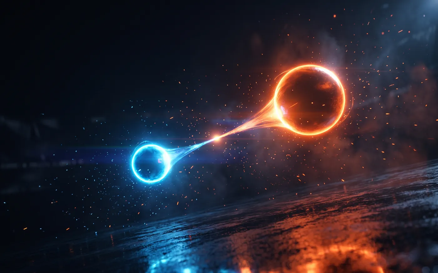 Abstract graphic of two glowing orbs of different sizes orbiting each other, tethered by a stretched line of light