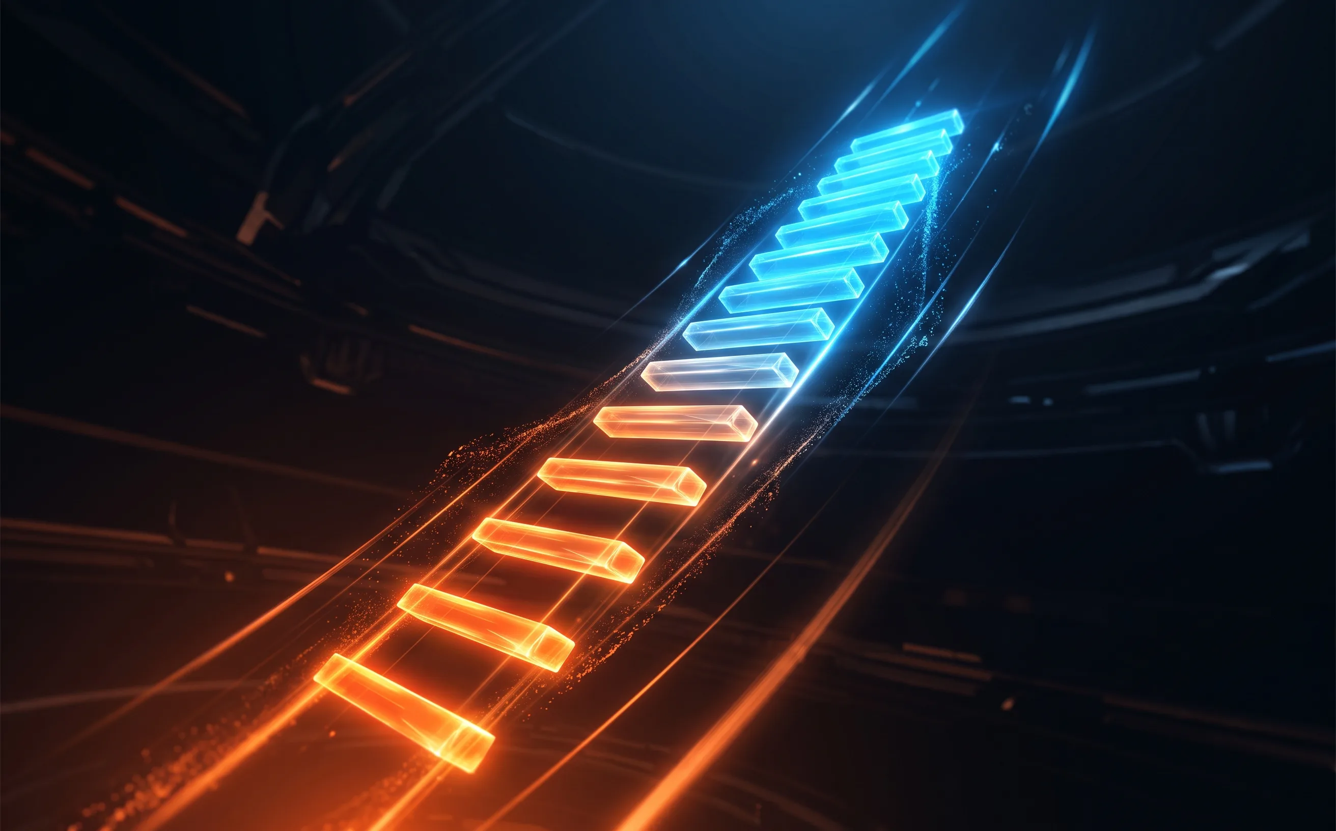 Rocket League scoreboard-style HUD overlay climbing a rank ladder, orange and blue accent bars
