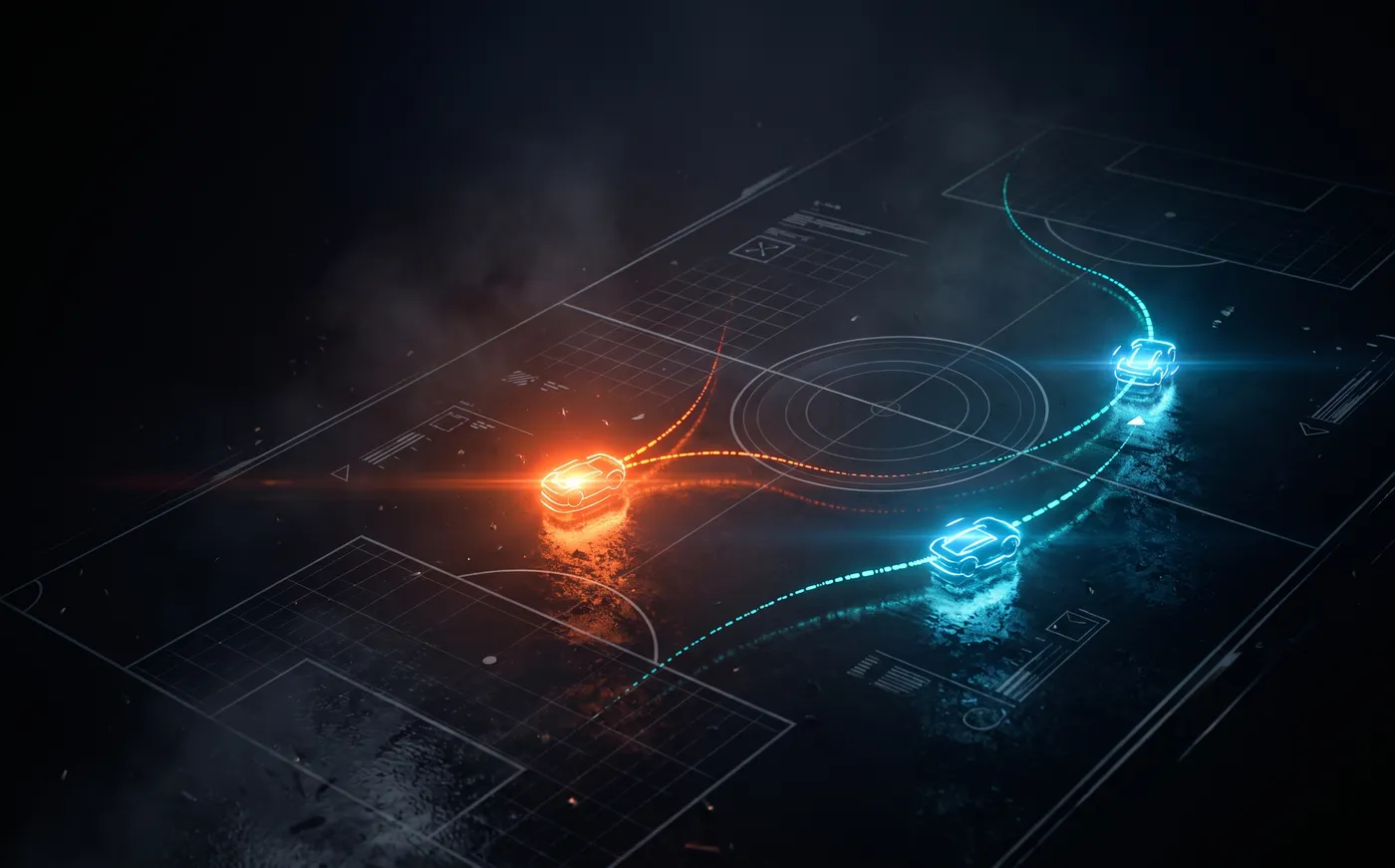 Tactical broadcast graphic of three glowing position markers moving across a dark field diagram, one pulsing out of formation