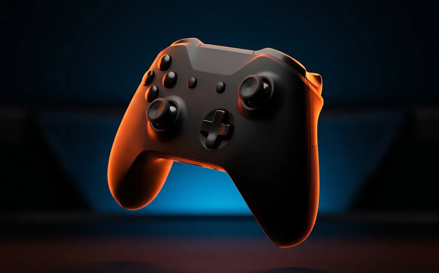 Black controller floating in a dark studio, lit hard orange from one side against a blue glow