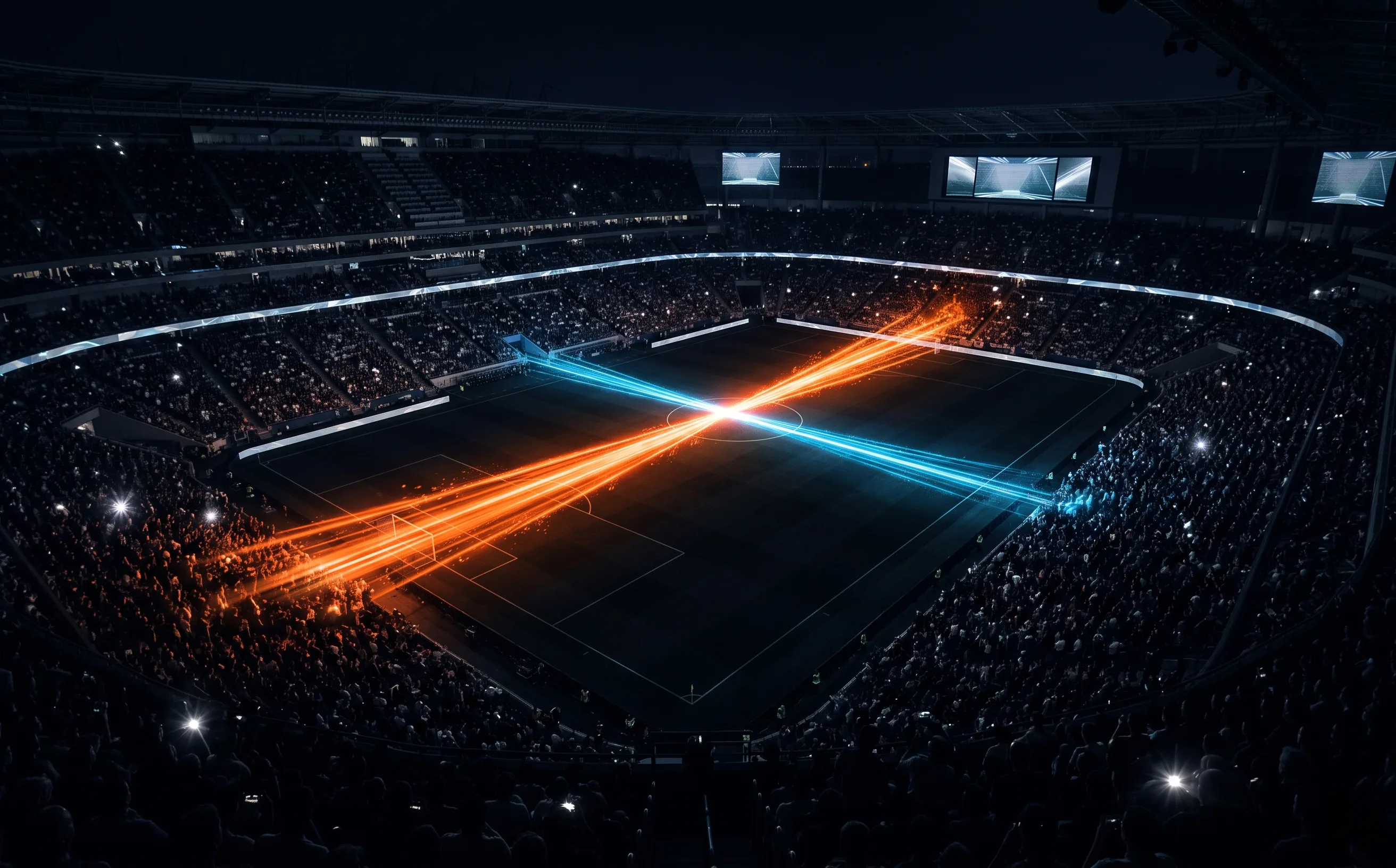 Overhead stadium view of a Rocket League arena mid-match, orange and blue light trails crossing at center field