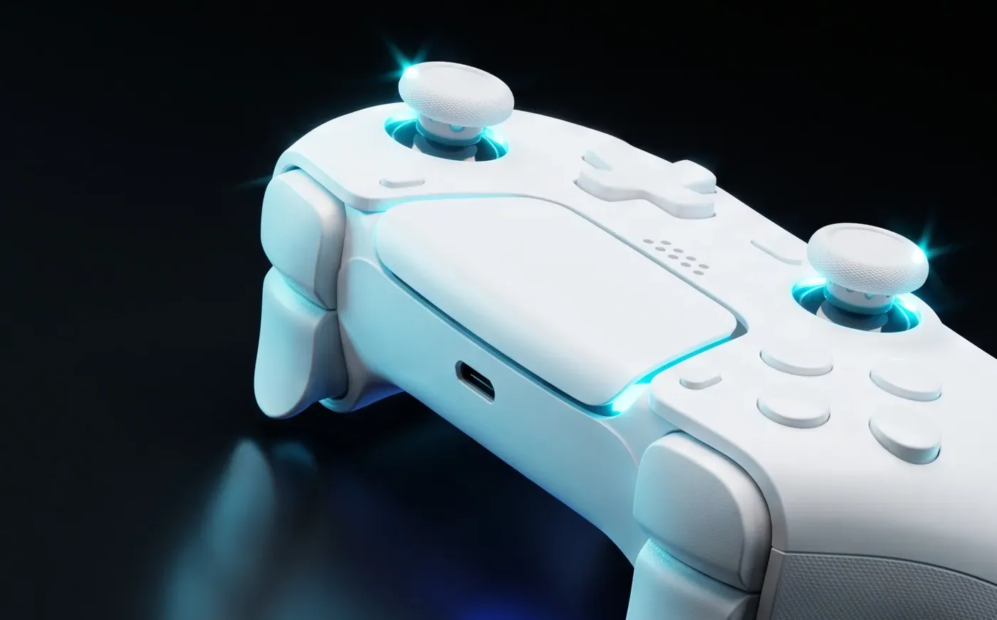 Close-up of a white controller's thumbsticks with cyan light glowing around the stick bases on a dark reflective surface