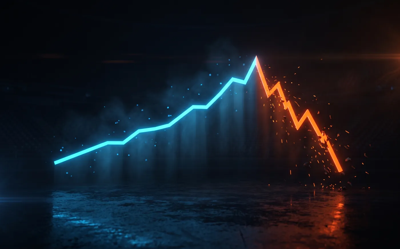 Abstract broadcast graphic of a glowing rating line rising in blue then collapsing sharply into hot red-orange