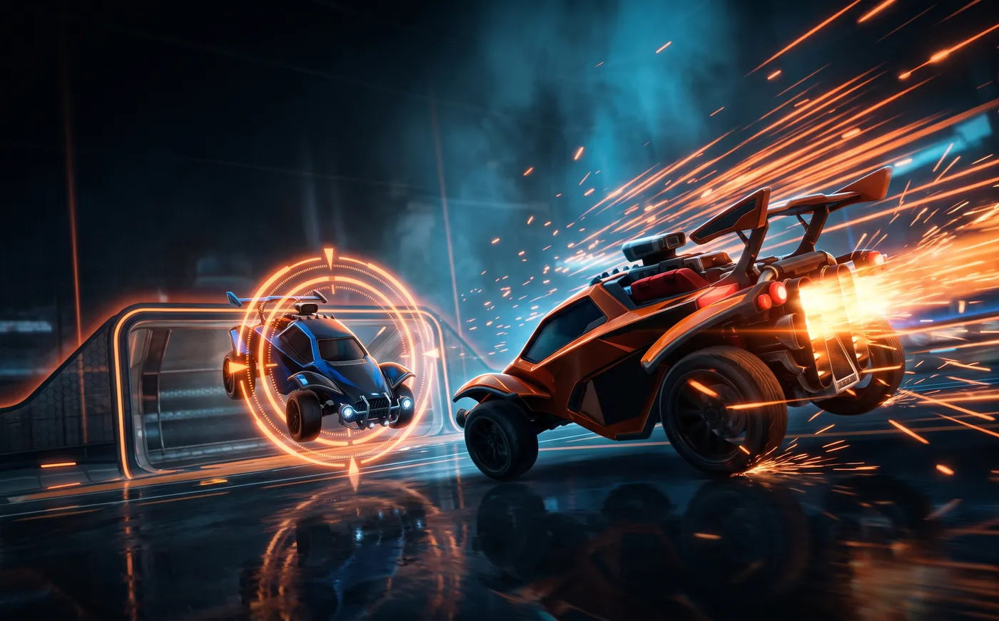 A rocket-boosted car locked on a collision course toward an unaware opponent near the goal, targeting light rings glowing around the target