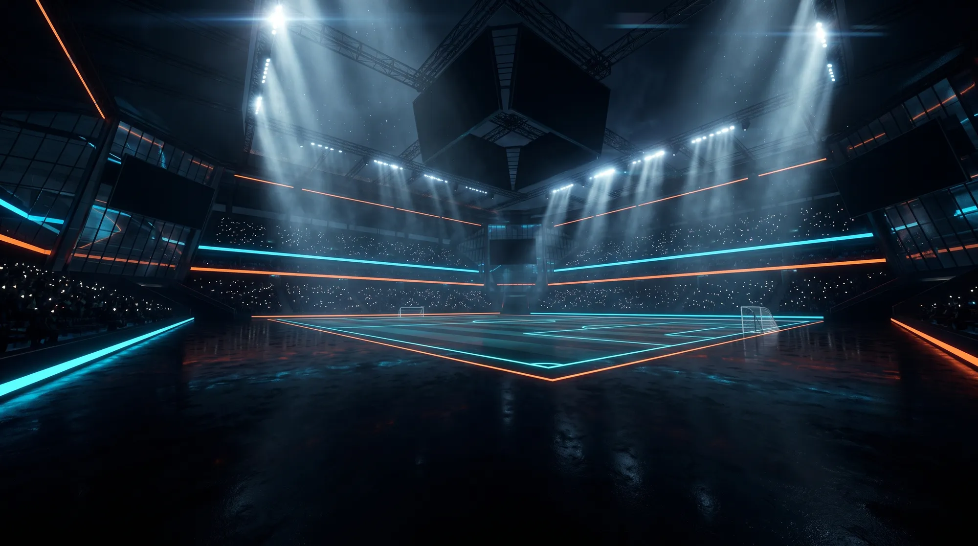 Wide establishing shot of a dark futuristic esports stadium with glowing field lines