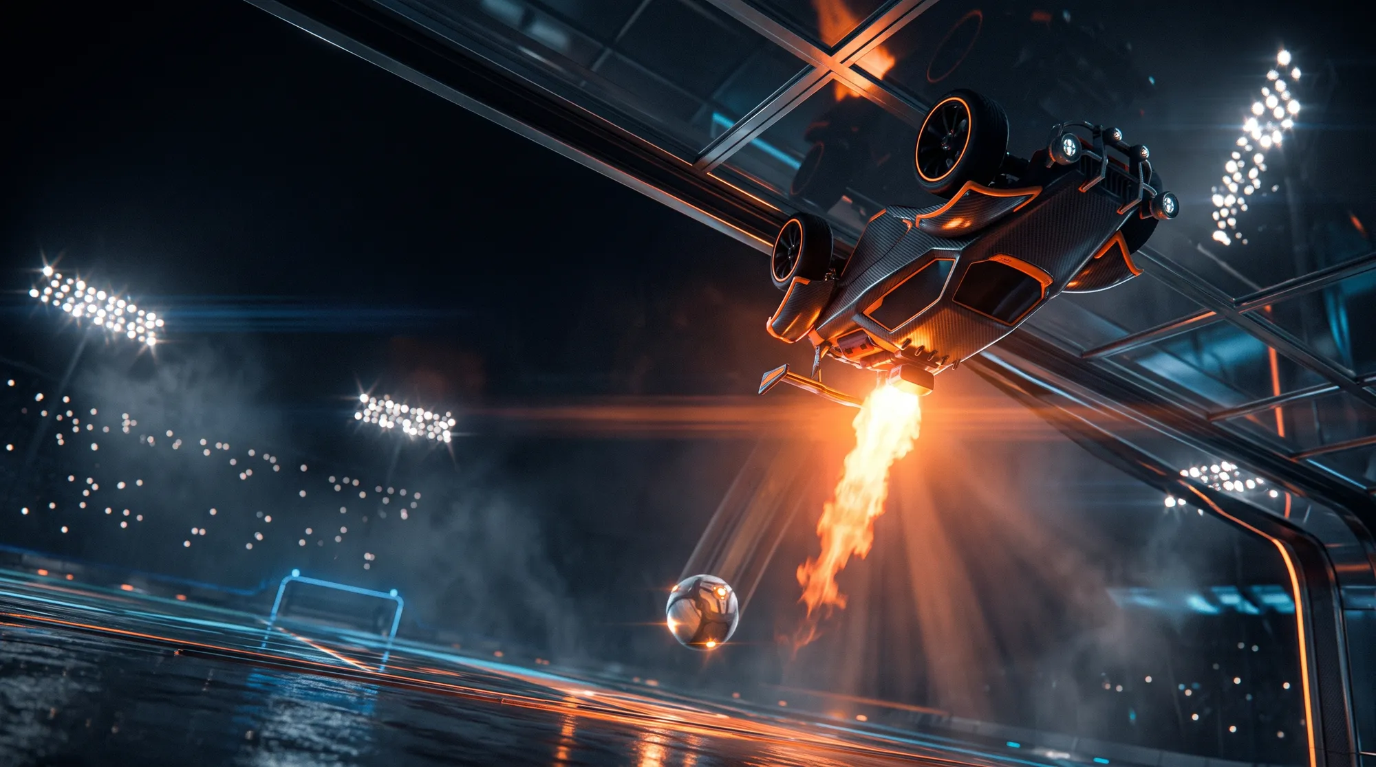 A rocket-boosted car driving inverted along the glass ceiling of a dark stadium arena