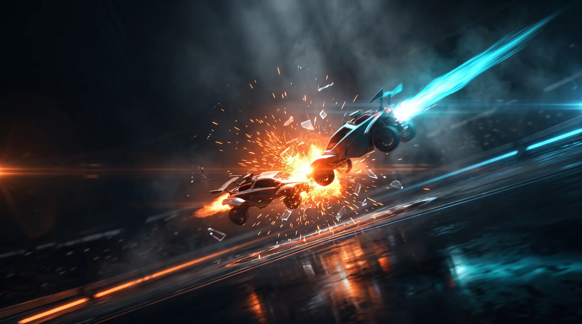The instant of a demolition impact between two rocket-boosted cars, one detonating into orange sparks