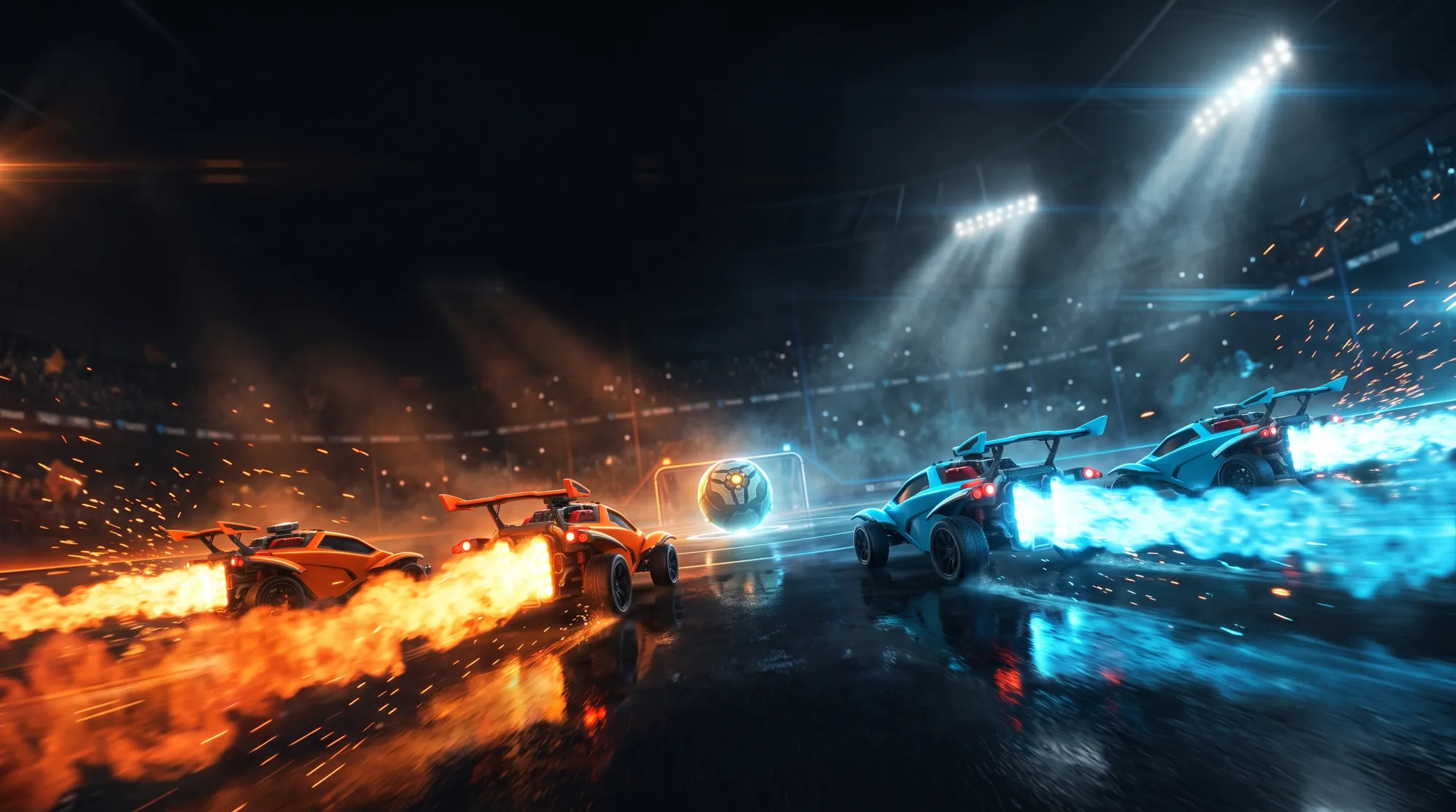 Five rocket-boosted cars exploding off the line at a stadium kickoff, converging on the ball